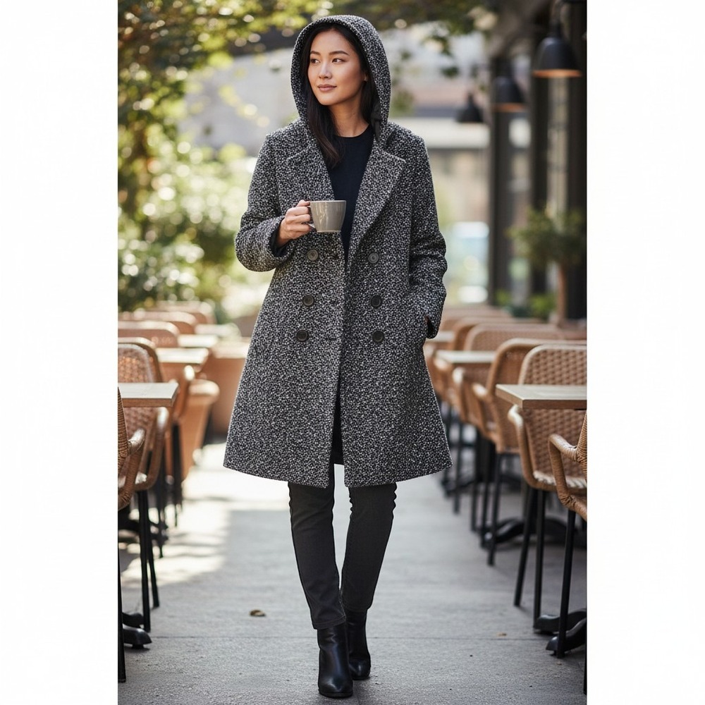 Metaphor Boucle Tweed Coat Womens Large Black White Hooded Double Breasted Pea L